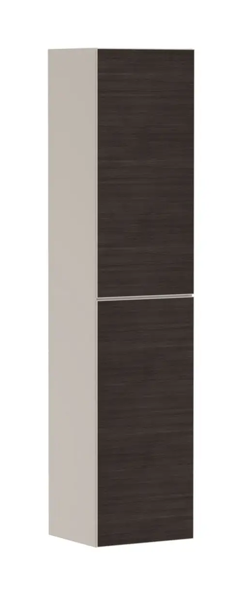 Hansgrohe Hochschrank mit zwei vertikalen Türen, eine helle Oberfläche und eine dunkle Holzoptik auf der Vorderseite, Türanschlag links.